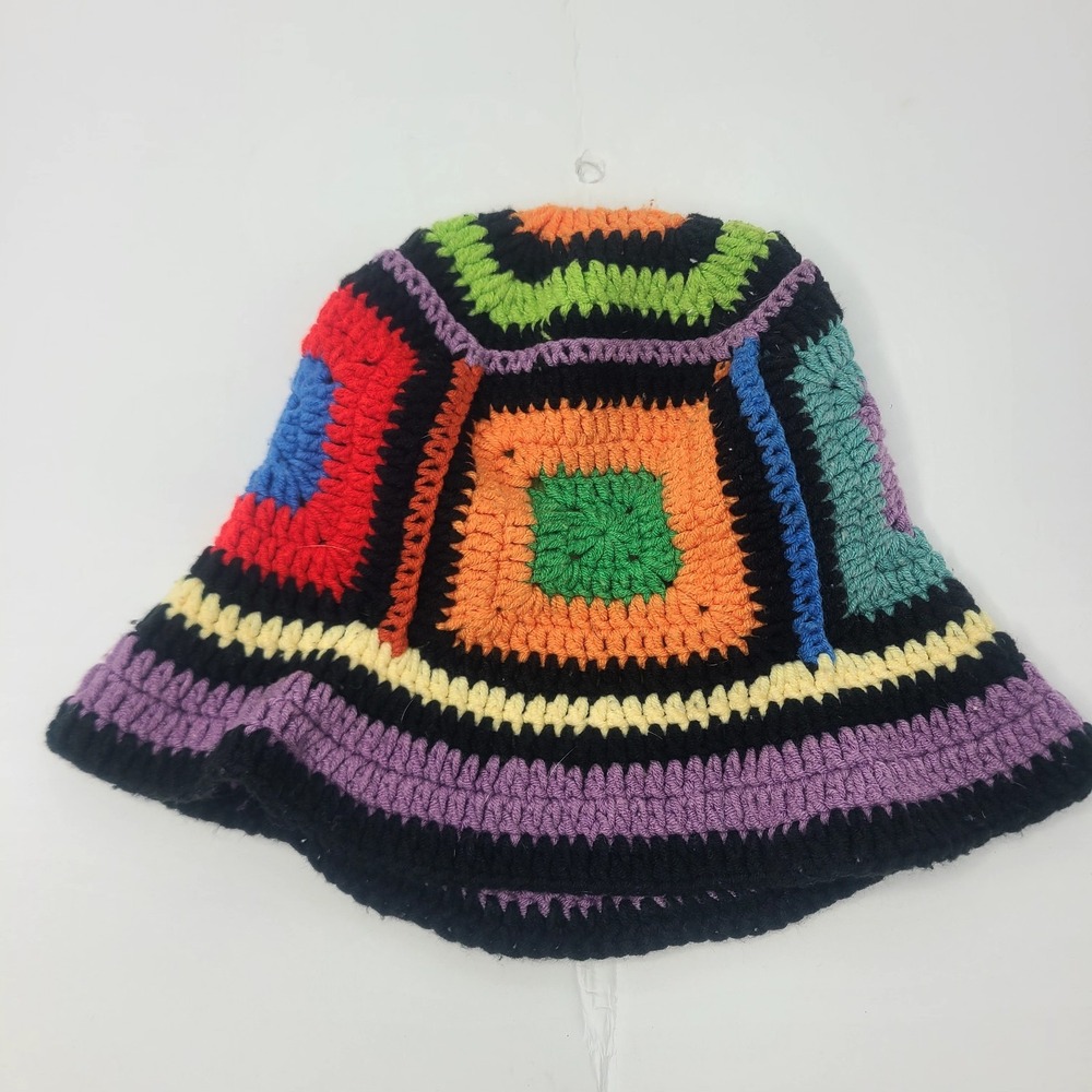 Handmade Crochet Granny Square Bucket Hat Multicolor Boho Festival Retro Style